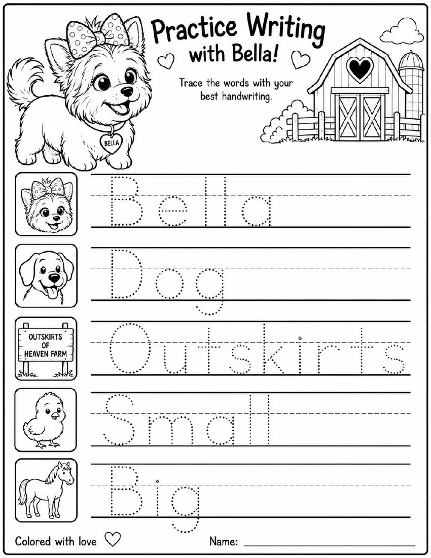 Free farm animal learning activity worksheet for kids — "Practice Writing with Bella" featuring Bella the farm dog