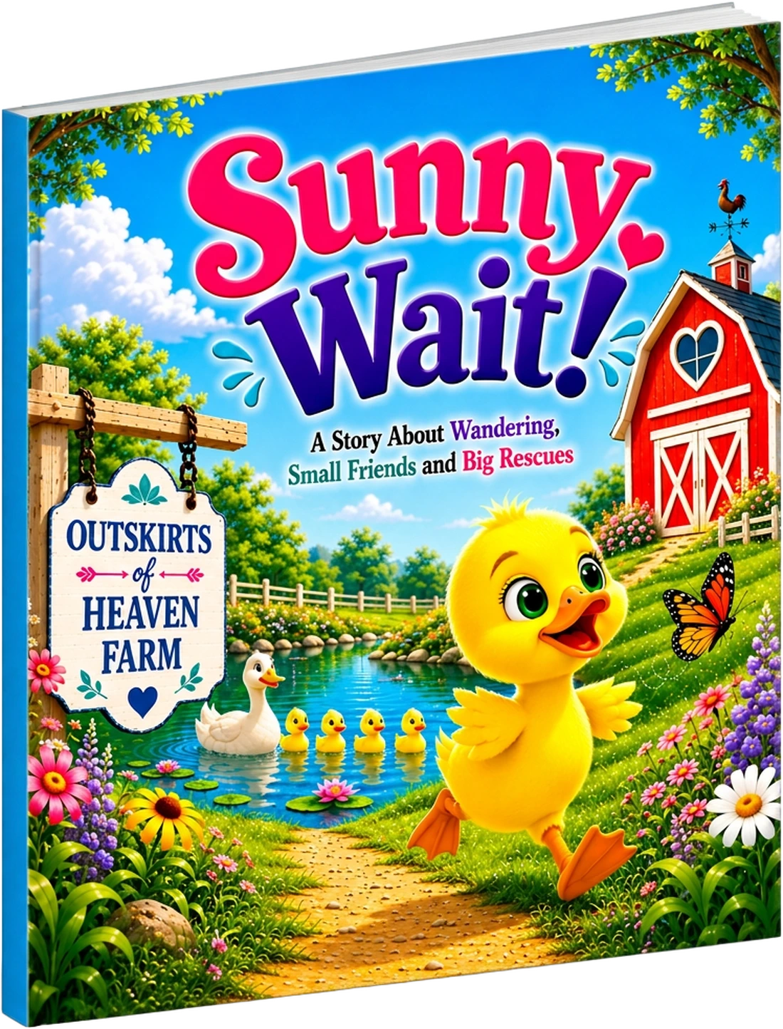 Sunny, Wait! children's farm animal story featuring a curious little duckling by a farm pond