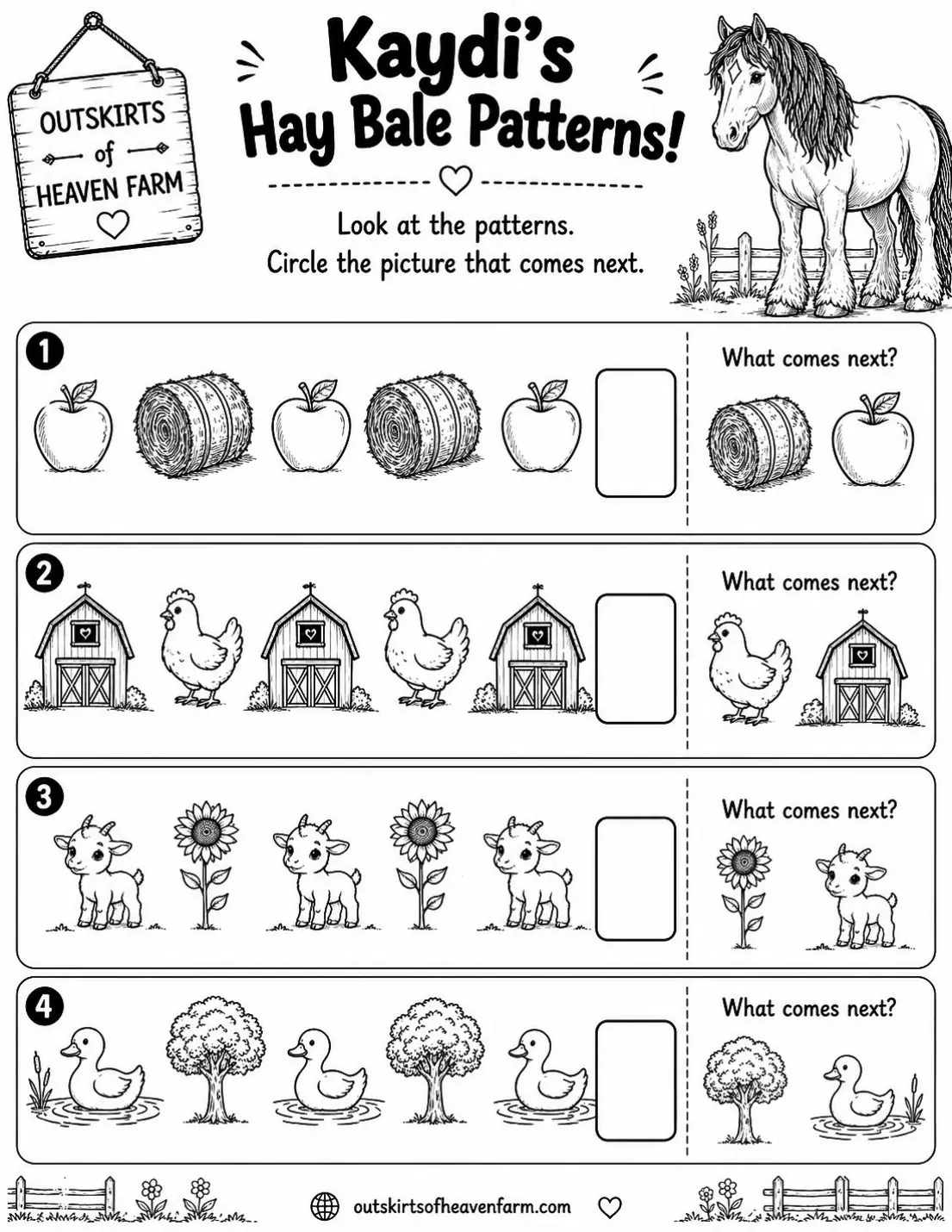 Free printable horse learning activity worksheet for kids — "Kaydi's Hay Bale Patterns" featuring Kaydi the Percheron horse