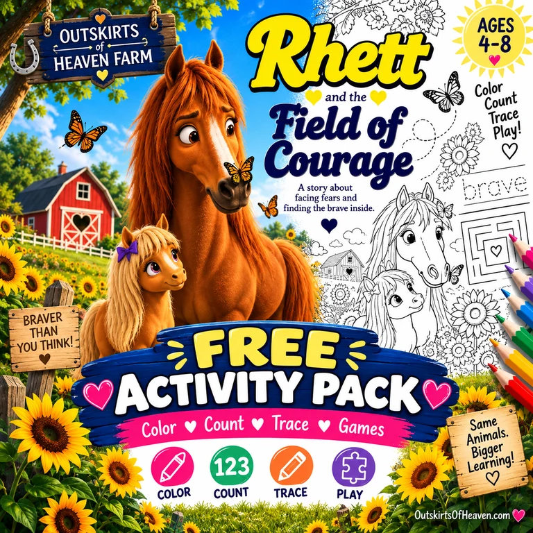 Free printable pack for kids featuring Rhett the horse from the children's book Rhett and the Field of Courage — coloring pages, I Spy games and learning worksheets