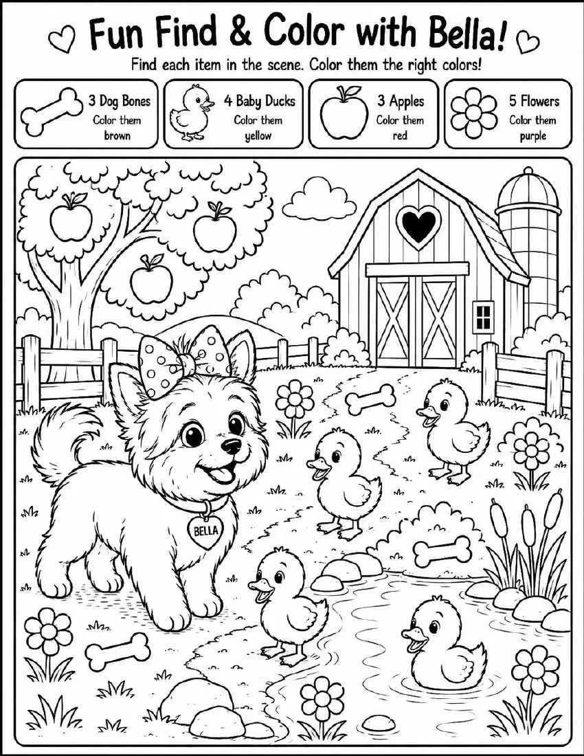 Free farm animal I Spy printable for kids — "Fun Find & Color with Bella" featuring Bella the farm dog