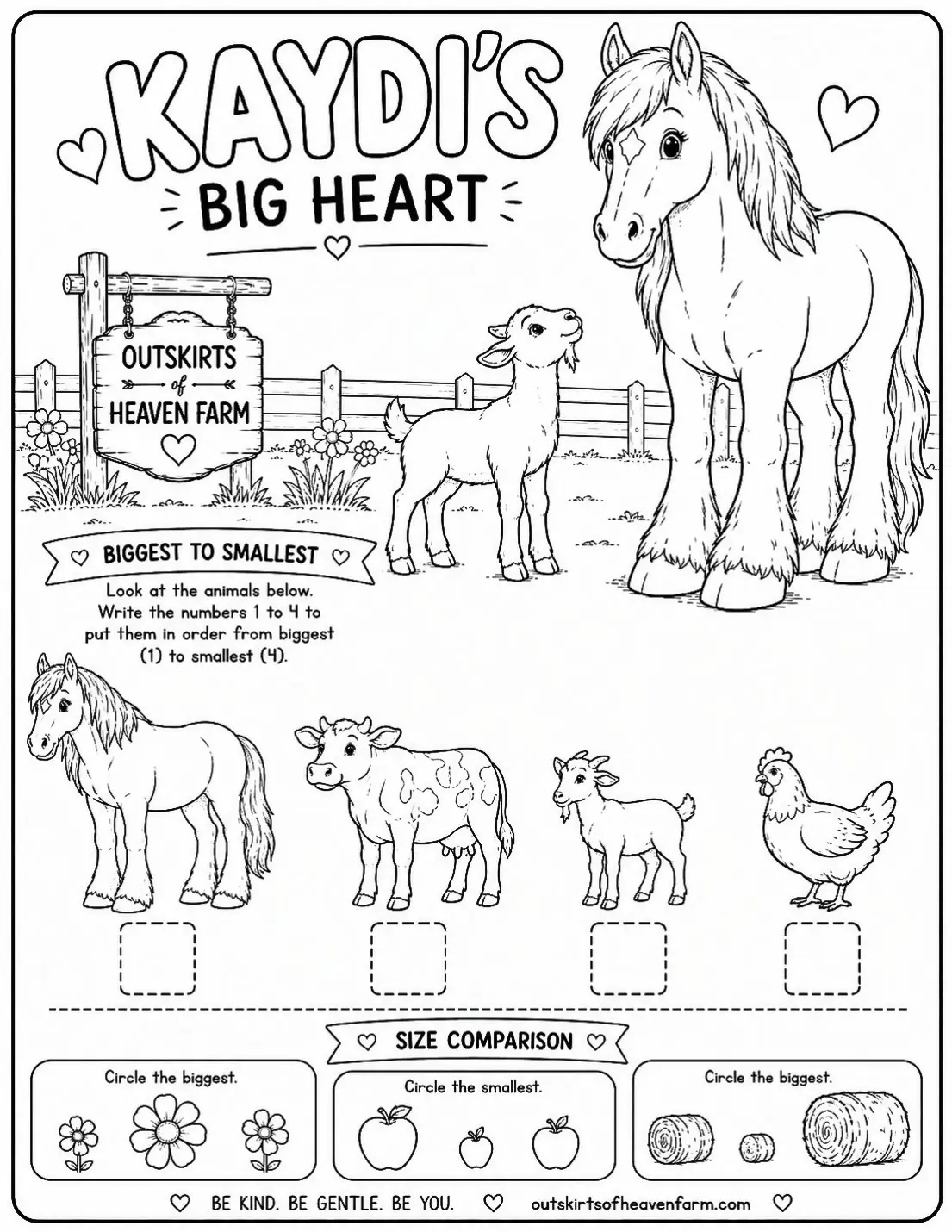 Free printable horse learning activity worksheet for kids — "Biggest to Smallest" featuring Kaydi the Percheron horse