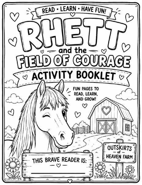 Free farm animal coloring page for kids — "Activity Booklet Cover" featuring Rhett the horse