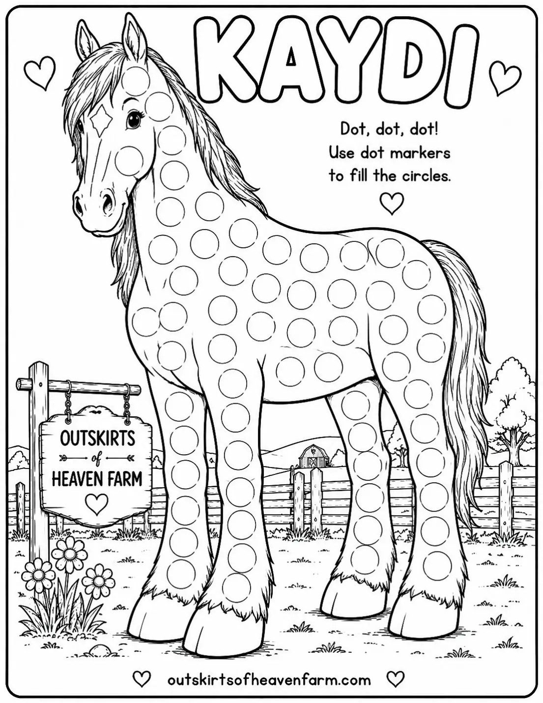 Free printable horse learning activity worksheet for kids — "Dot Marker Kaydi" featuring Kaydi the Percheron horse