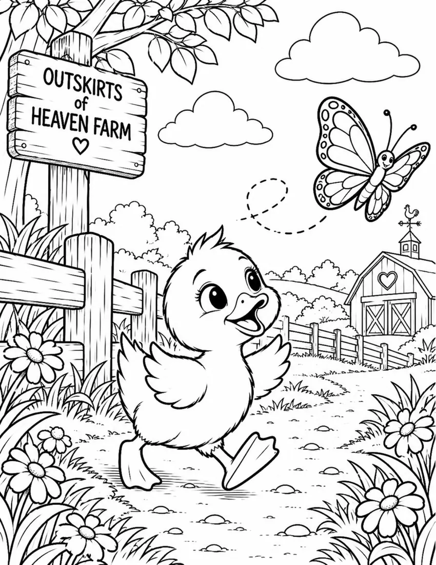 Free farm animal coloring page for kids — "Sunny at the Barn" featuring Sunny the farm animal