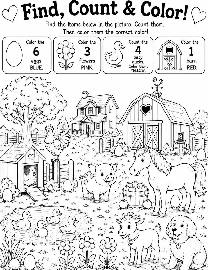 Free farm animal I Spy printable for kids — "Find, Count & Color" featuring Charlotte the farm pig