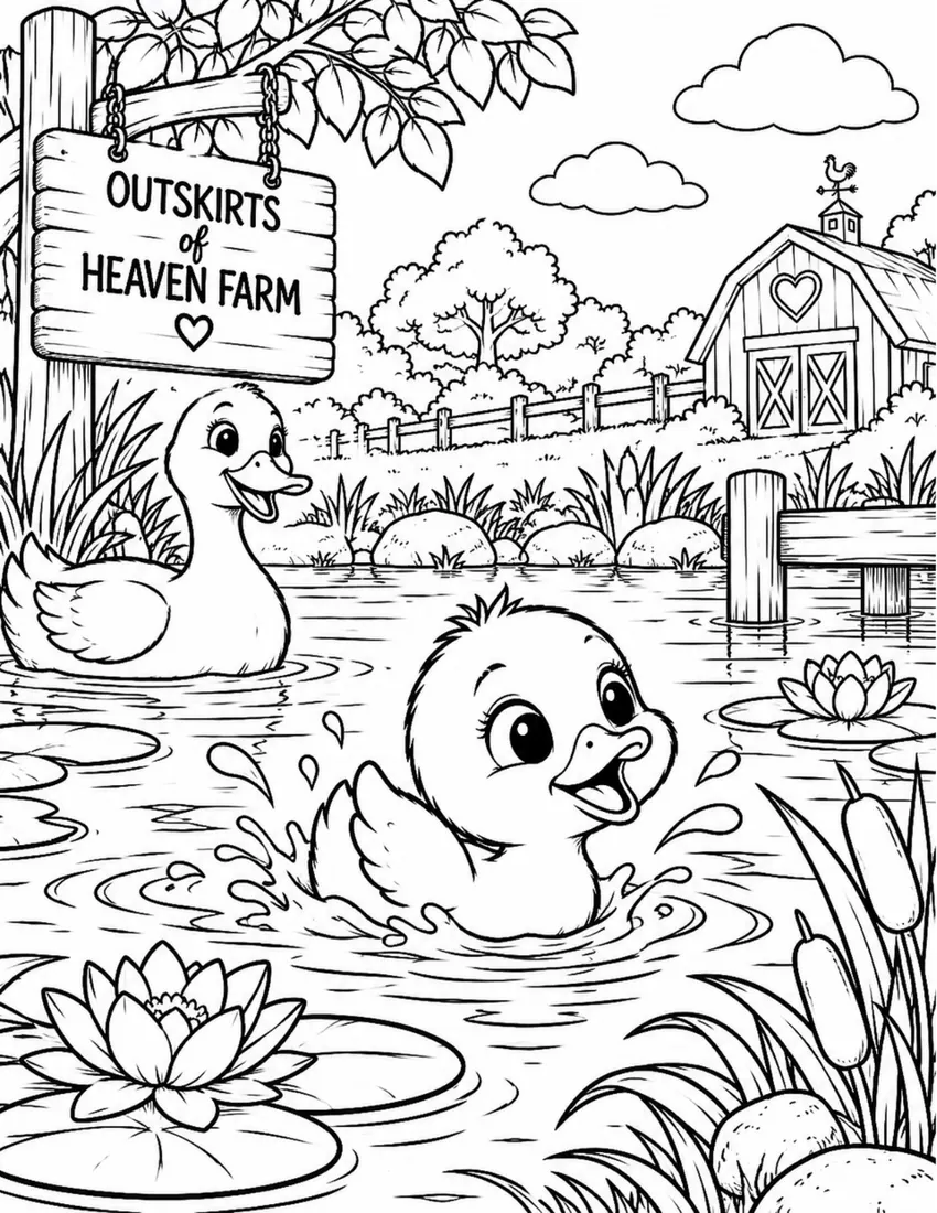 Free farm animal coloring page for kids — "Sunny at the Pond" featuring Sunny the farm animal