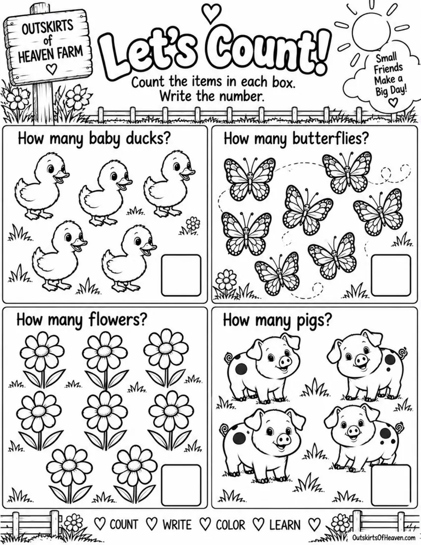 Free farm animal learning activity worksheet for kids — "Let's Count!" featuring Sunny the farm animal