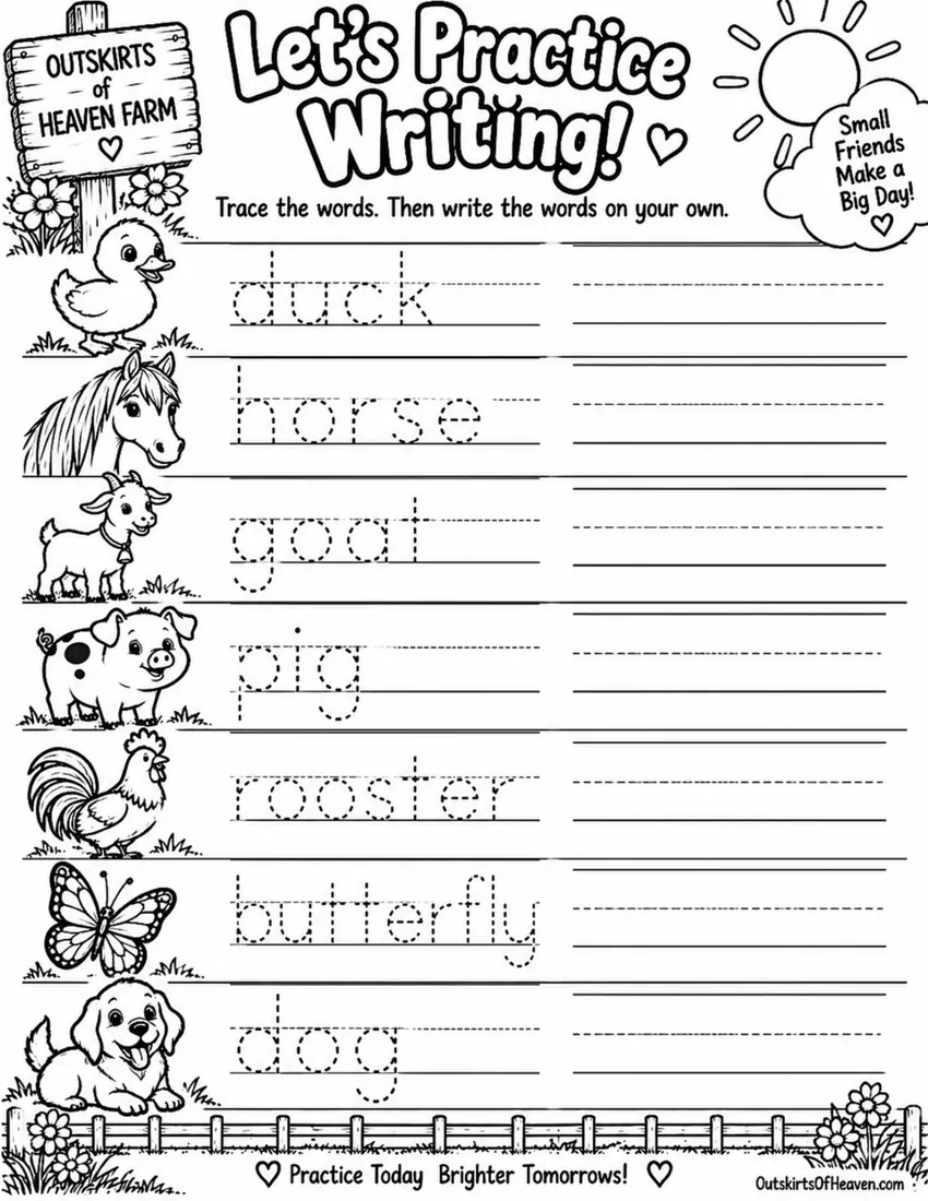 Free farm animal learning activity worksheet for kids — "Let's Practice Writing!" featuring Sunny the farm animal