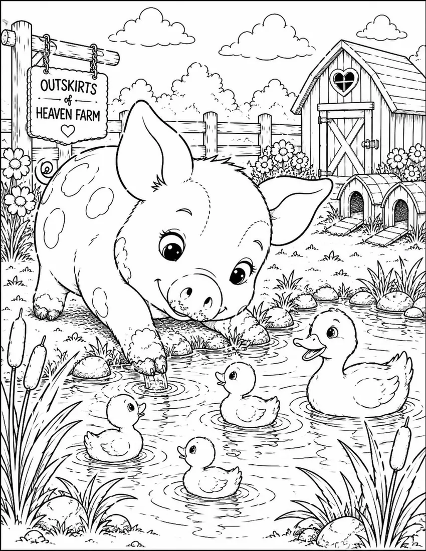 Free farm animal coloring page for kids — "Charlotte at the Pond" featuring Charlotte the farm pig