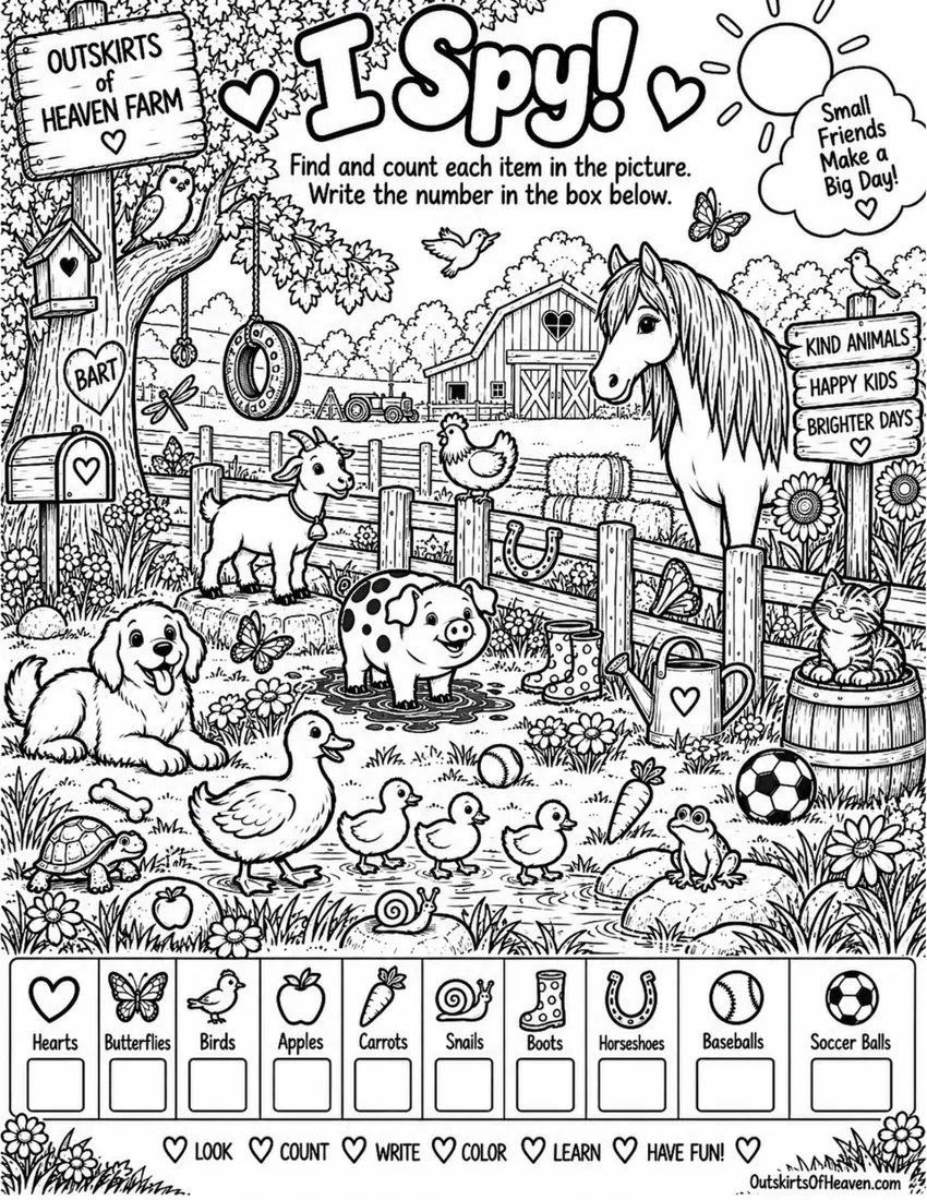 Free farm animal I Spy printable for kids — "I Spy! Barnyard Friends" featuring Sunny the farm animal