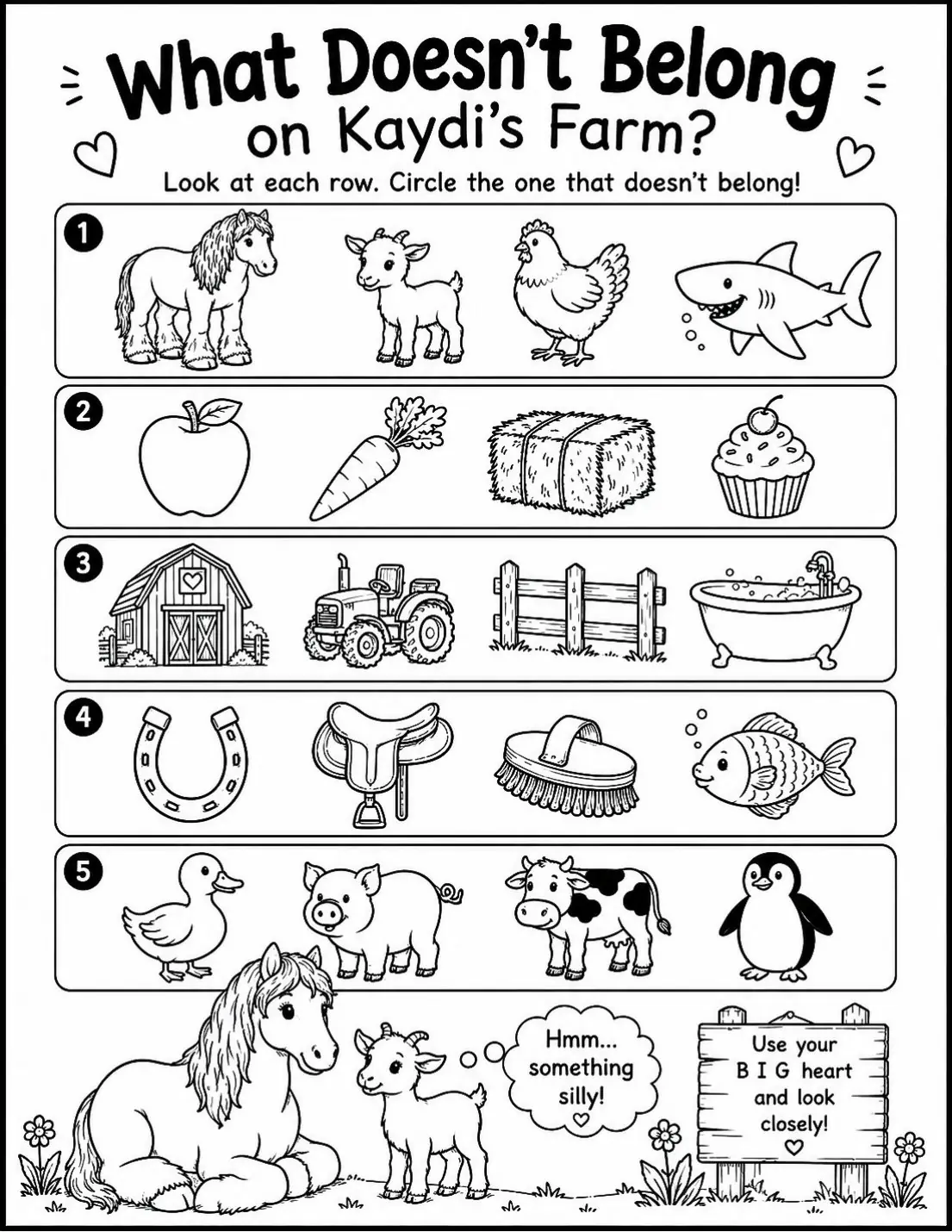 Free printable horse I Spy printable for kids — "What Doesn't Belong?" featuring Kaydi the Percheron horse