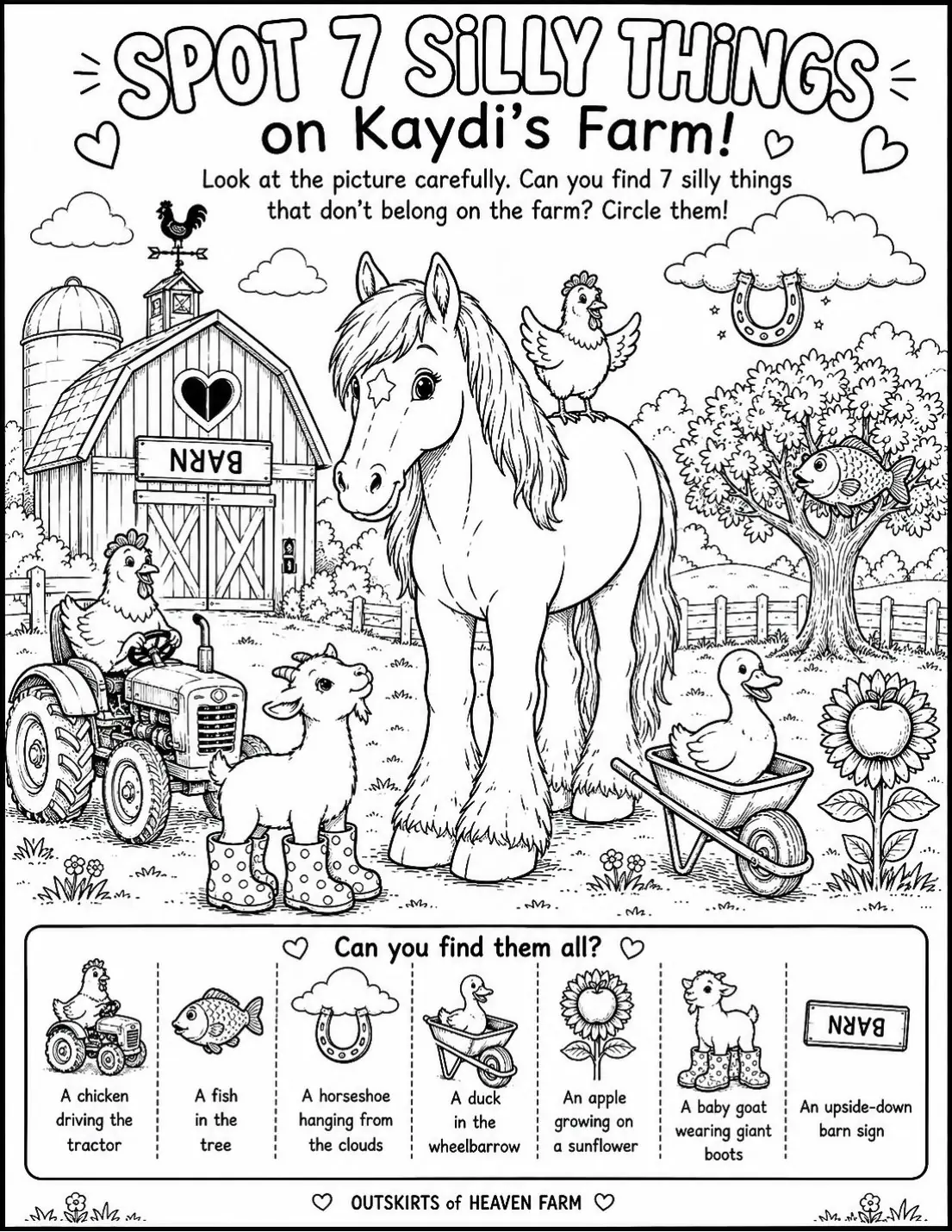 Free printable horse I Spy printable for kids — "Spot 7 Silly Things" featuring Kaydi the Percheron horse