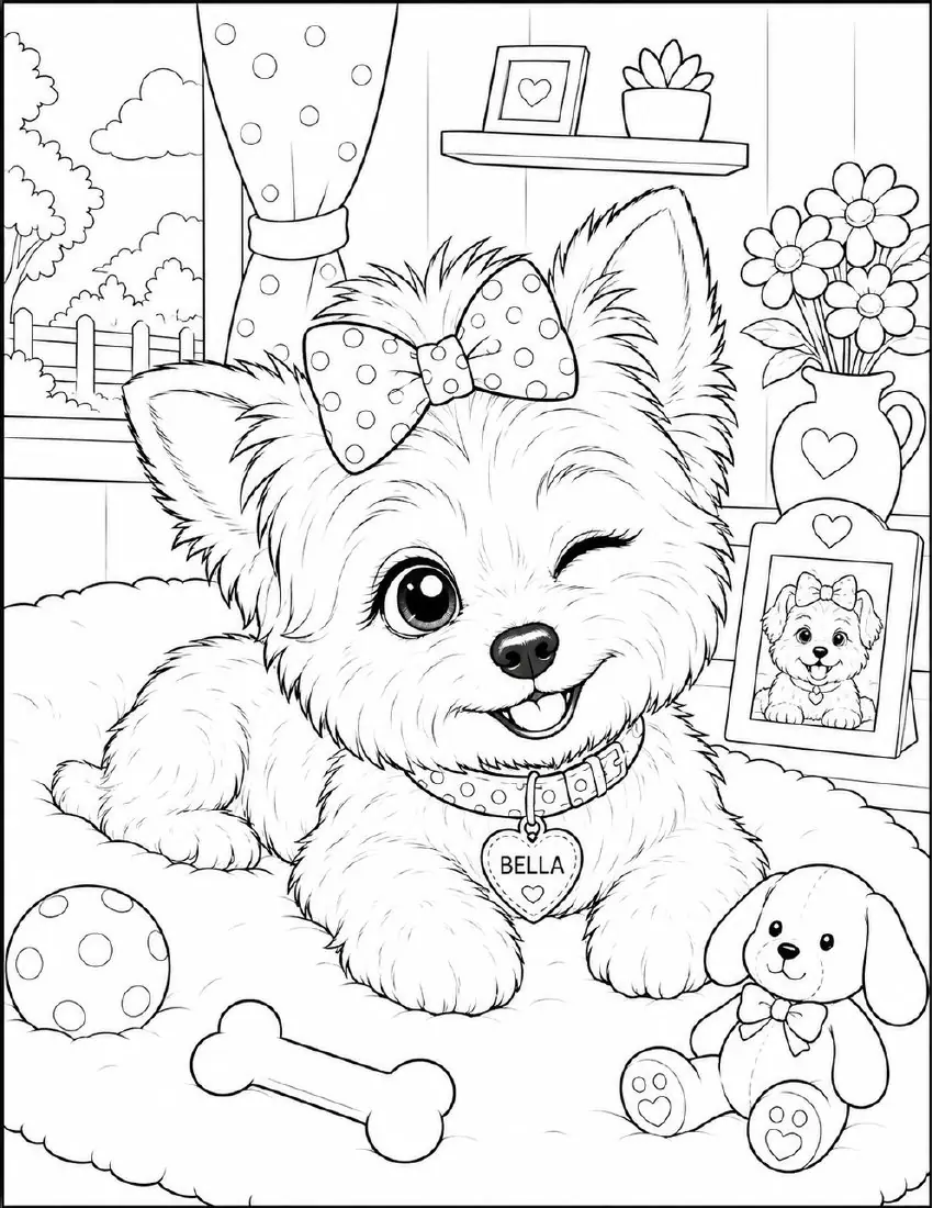 Free farm animal coloring page for kids — "Playtime with Bella" featuring Bella the farm dog