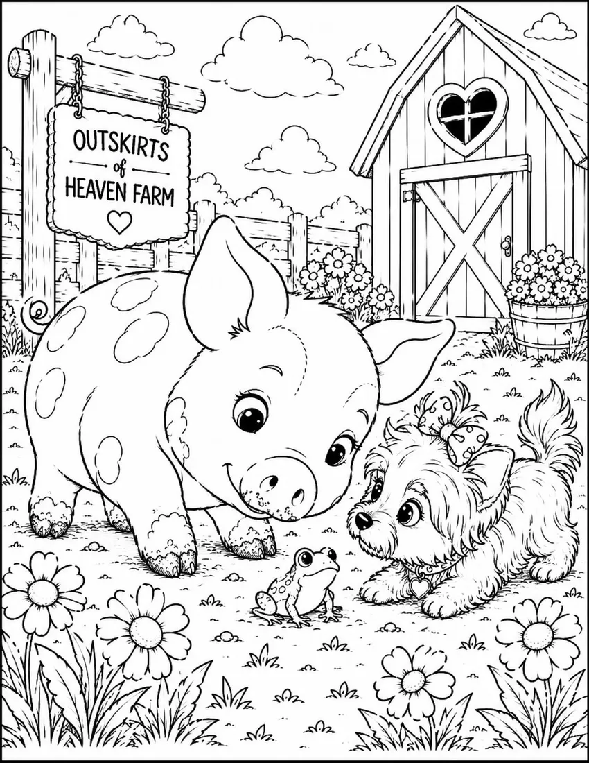 Free farm animal coloring page for kids — "Charlotte & Bella" featuring Charlotte the farm pig
