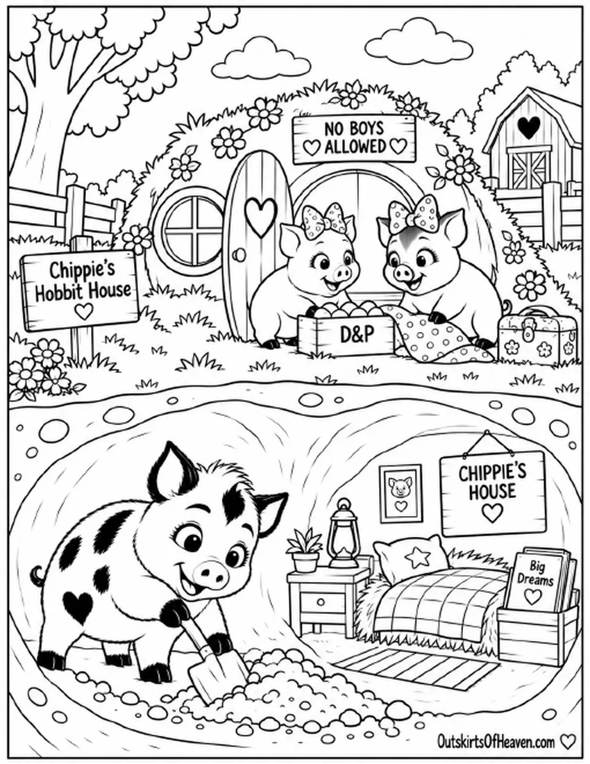 Free farm animal coloring page for kids — "No Boys Allowed!" featuring Chippie the pig