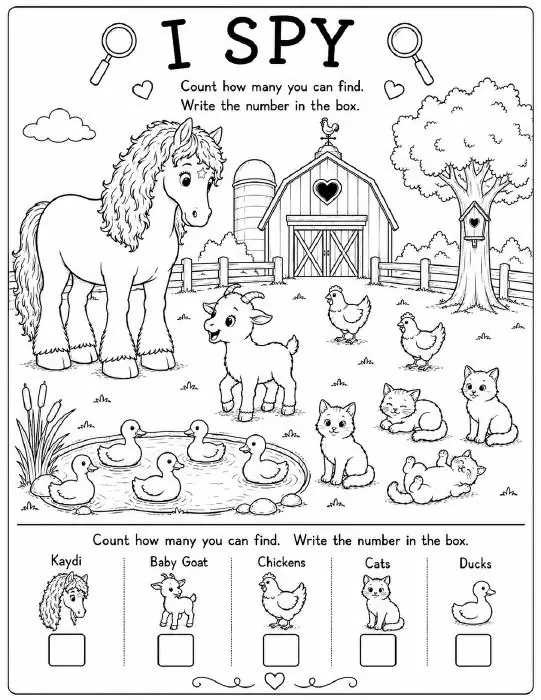 Free printable horse I Spy printable for kids — "I Spy on the Farm" featuring Kaydi the Percheron horse