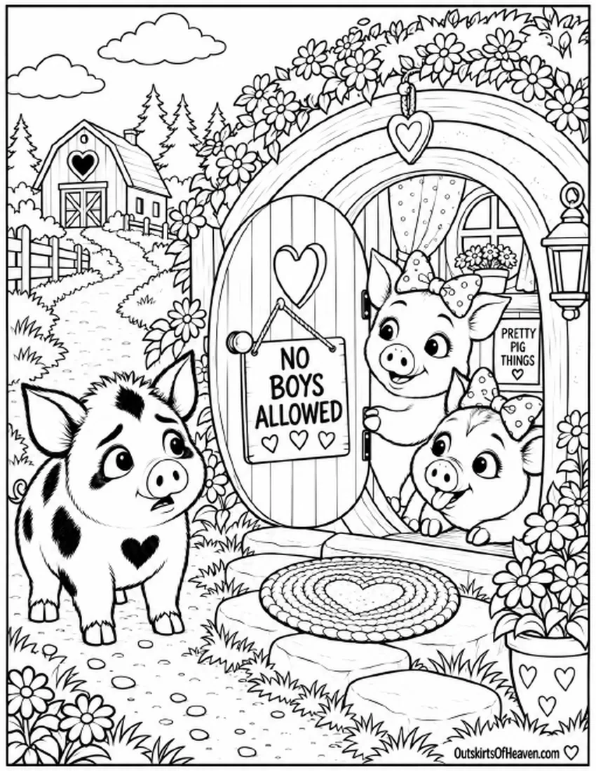 Free farm animal coloring page for kids — "The Girls' Clubhouse" featuring Chippie the pig