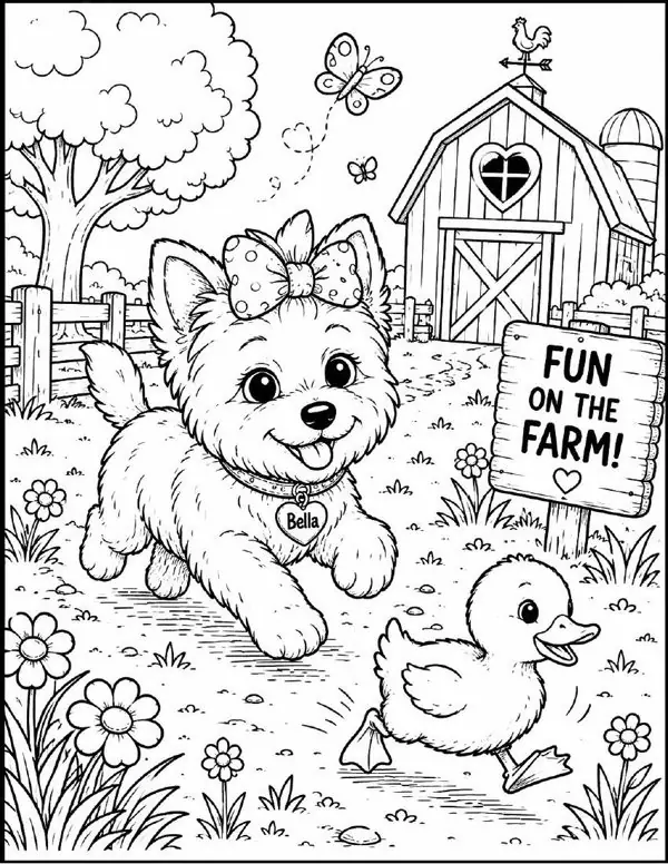 Free farm animal coloring page for kids — "Fun on the Farm" featuring Bella the farm dog