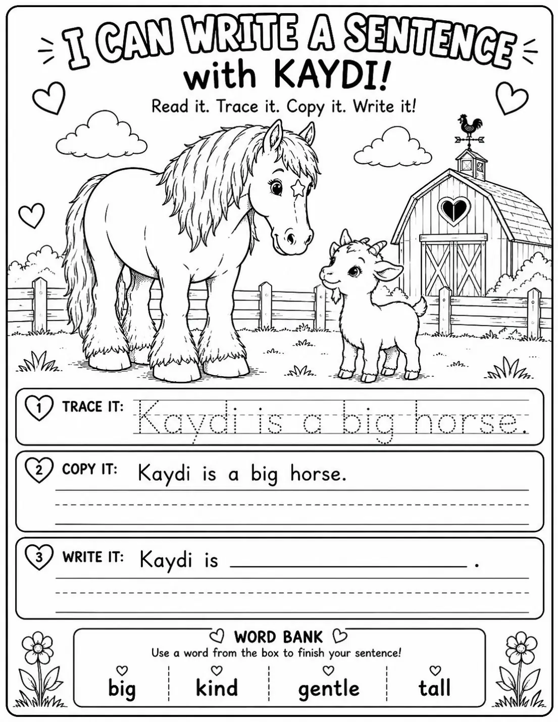 Free printable horse learning activity worksheet for kids — "I Can Write a Sentence" featuring Kaydi the Percheron horse