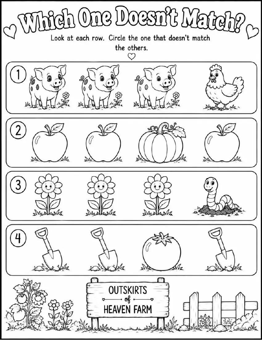 Free farm animal learning activity worksheet for kids — "Which One Doesn't Match?" featuring Charlotte the farm pig
