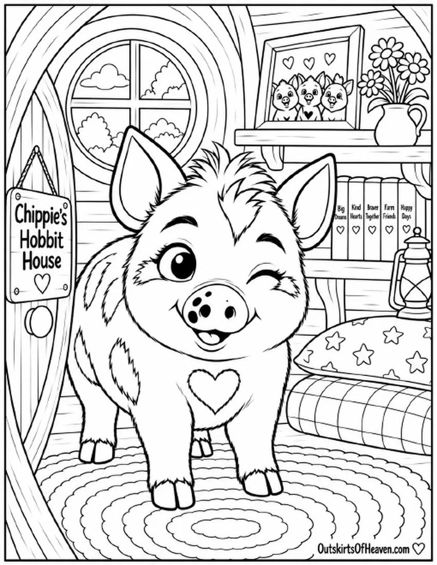 Free farm animal coloring page for kids — "Chippie's Big Smile" featuring Chippie the pig