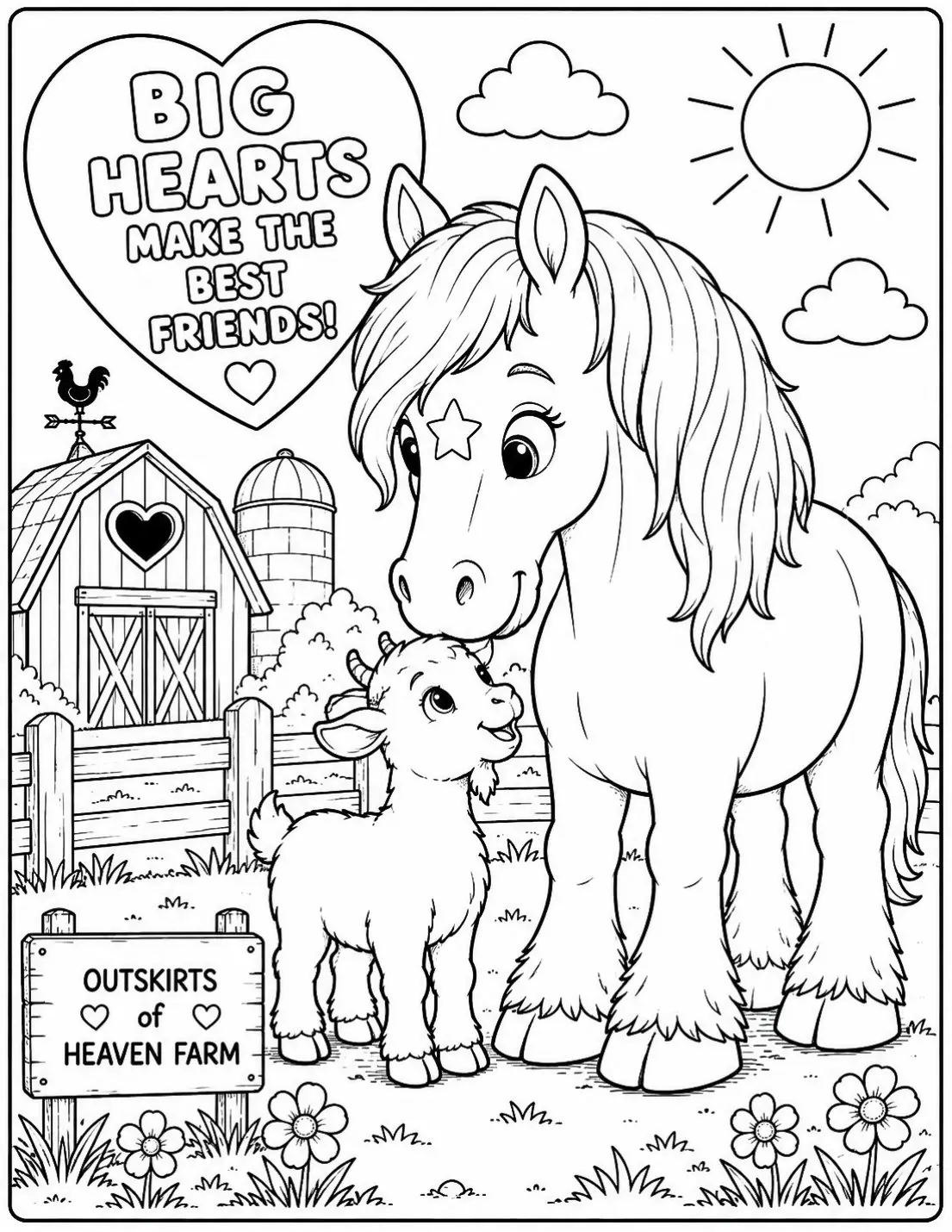 Free printable horse coloring page for kids — "Big Hearts Make the Best Friends" featuring Kaydi the Percheron horse
