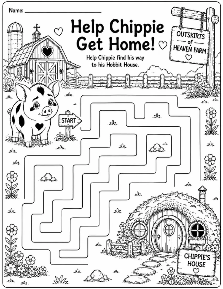 Free farm animal learning activity worksheet for kids — "Help Chippie Get Home!" featuring Chippie the pig